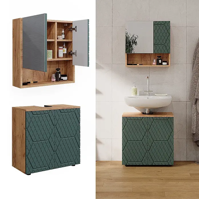 Vicco Badmöbel-Set Irma Grün/Goldkraft Eiche 2 Teile, Unterschrank 60 cm - Gesamtbreite Badmöbel: 60 cm, Grün, Matt - Badezimmermöbel-Set aus hellem Holz und dunkelgrünen Paneelen mit Rautenmuster, bestehend aus Spiegelschrank und Waschtischunterschrank.