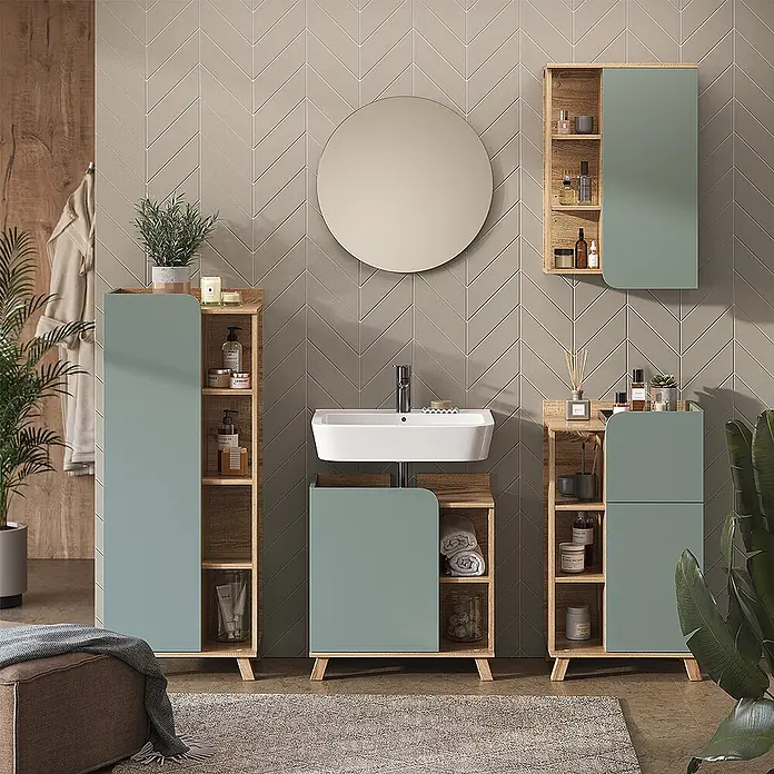Vicco Badmöbel-Set Karen Sonoma/Blau 5 Teile - Gesamtbreite Badmöbel: 160 cm, Sonoma, Matt - Salbeigrünes und helles Holz-Badmöbelset: Waschtisch, Hochschrank und Wandschrank.