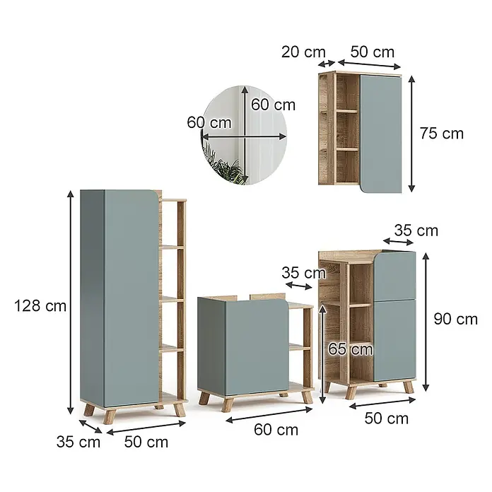 Vicco Badmöbel-Set Karen Sonoma/Blau 5 Teile - Gesamtbreite Badmöbel: 160 cm, Sonoma, Matt - Modulare Regale und Schränke in Holzoptik und Blau-Grau, ergänzt durch einen runden Spiegel.