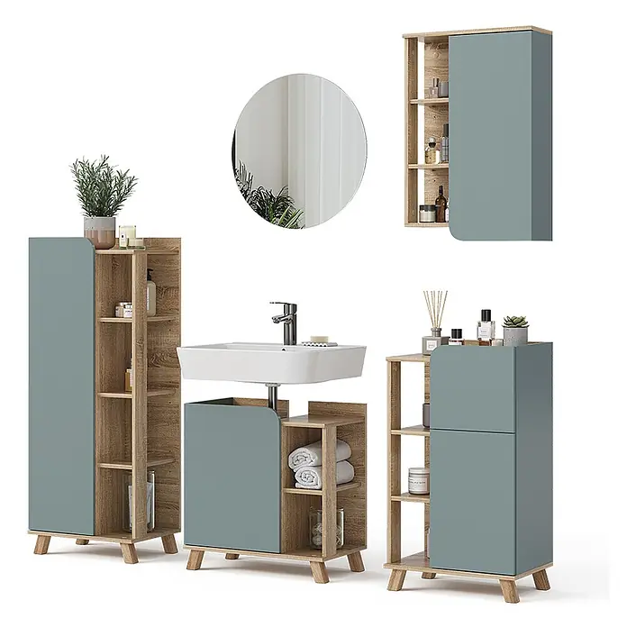 Vicco Badmöbel-Set Karen Sonoma/Blau 5 Teile - Gesamtbreite Badmöbel: 160 cm, Sonoma, Matt - Modulares Badmöbel-Set: helle Holzoptik, blau-graue Paneele, weißes Waschbecken und runder Spiegel.