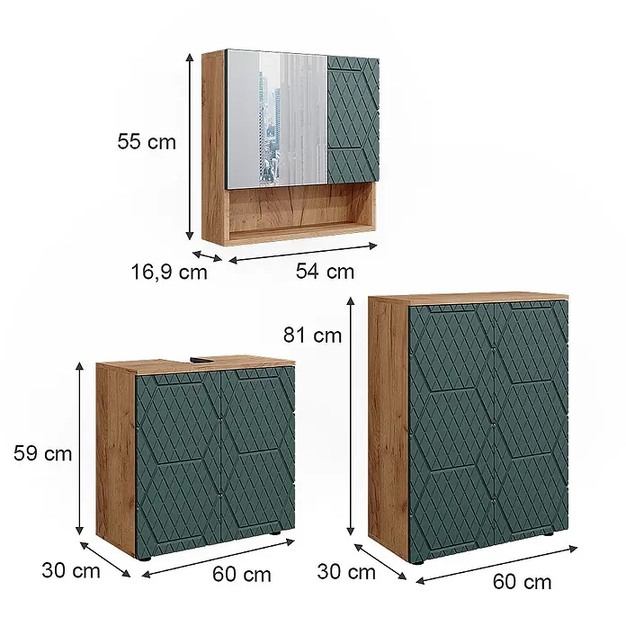 Vicco Badmöbel-Set Irma Grün/Goldkraft Eiche 3 Teile, mit Unterschrank 60 cm - Gesamtbreite Badmöbel: 120 cm, Grün, Matt - Set aus drei modernen Schränken: ein Spiegelschrank und zwei freistehende Aufbewahrungsschränke mit hellen Holzrahmen und dunkelgrünen Türen mit geometrischem Muster.