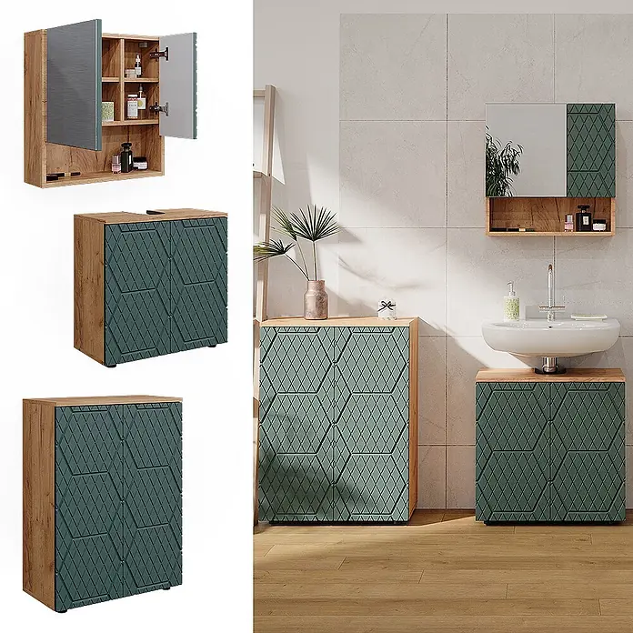 Vicco Badmöbel-Set Irma Grün/Goldkraft Eiche 3 Teile, mit Unterschrank 60 cm - Gesamtbreite Badmöbel: 120 cm, Grün, Matt - Badezimmermöbel-Set: Holzoptikrahmen, dunkelgrüne geometrisch gemusterte Türen für Wandschrank, Waschtischunterschrank und Bodenschrank.
