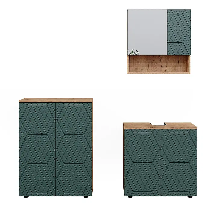 Vicco Badmöbel-Set Irma Grün/Goldkraft Eiche 3 Teile, mit Unterschrank 60 cm - Gesamtbreite Badmöbel: 120 cm, Grün, Matt - Set aus drei dunkelgrünblauen Badschränken mit geometrischem Rautenmuster und hellen Holzplatten: Spiegelschrank, hoher Schrank, Waschtischunterschrank.
