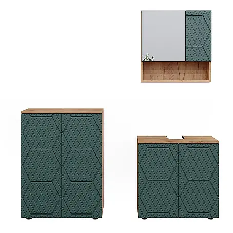Vicco  Badmöbel-Set Irma Grün/Goldkraft Eiche 3 Teile, mit Unterschrank 60 cm