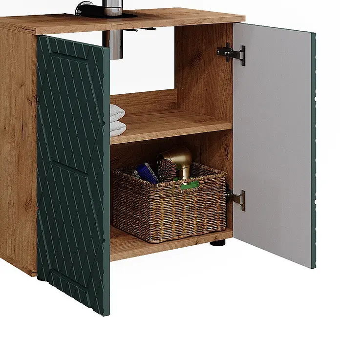 Vicco Badmöbel-Set Irma Grün/Goldkraft Eiche 3 Teile, mit Unterschrank 60 cm - Gesamtbreite Badmöbel: 120 cm, Grün, Matt - Eichenfarbener Unterschrank mit dunkelgrünen strukturierten Türen, hellgrauer Türinnenseite und Regalböden für Badezimmer.
