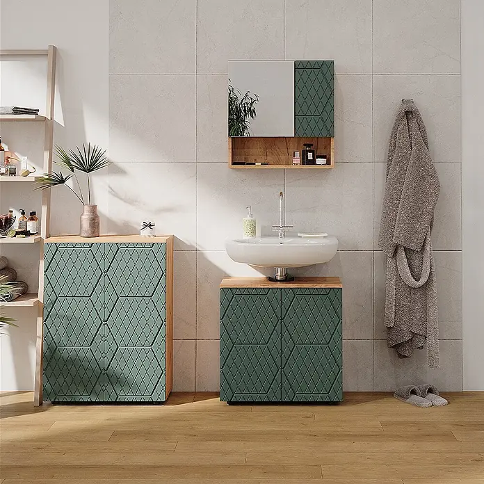 Vicco Badmöbel-Set Irma Grün/Goldkraft Eiche 3 Teile, mit Unterschrank 60 cm - Gesamtbreite Badmöbel: 120 cm, Grün, Matt - Grüne Badschränke mit Rautenmuster, Holzplatten, passendem Spiegelschrank, Waschbecken und offenen Regalen.