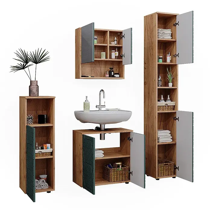 Vicco Badmöbel-Set Irma Grün/Goldkraft Eiche 4 Teile, mit Hochschrank - Gesamtbreite Badmöbel: 120 cm, Grün, Matt - Badmöbelset in Holzoptik mit dunkelgrünen und grauen Türen, bestehend aus Wand-, Waschbecken-, Hoch- und Beistellschränken.