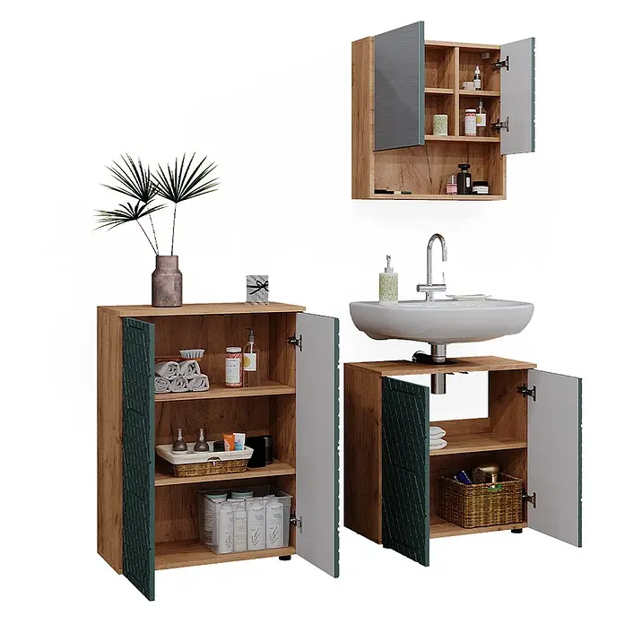 Vicco Badmöbel-Set Irma Grün/Goldkraft Eiche 3 Teile, mit Unterschrank 60 cm - Gesamtbreite Badmöbel: 120 cm, Grün, Matt - Badmöbelset in Holzoptik mit dunkelgrünen und weißen Türen, inklusive Spiegelschrank, Waschtischunterschrank und Seitenschrank.