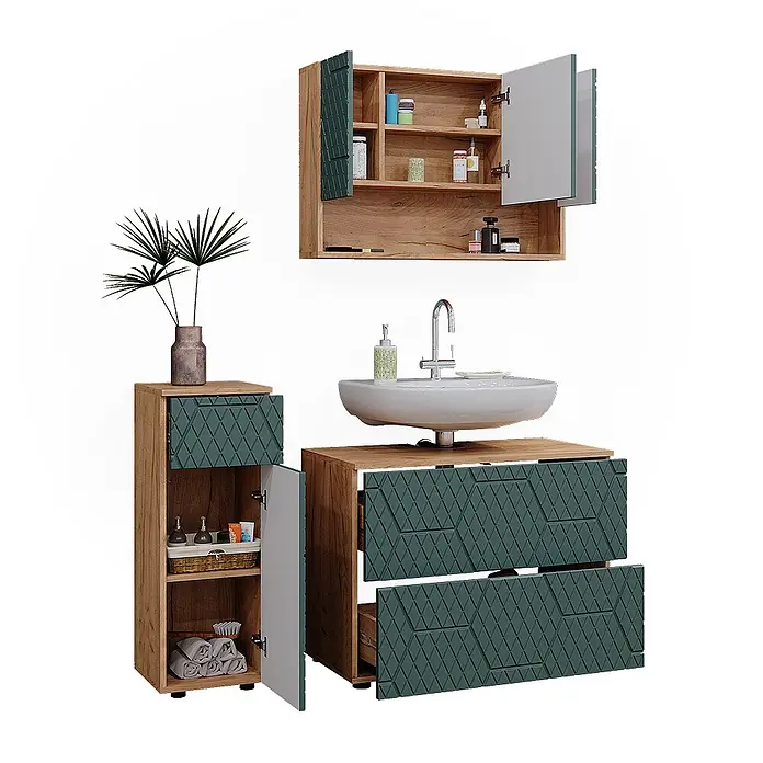 Vicco Badmöbel-Set Irma Grün 3 Teile, mit Schubladenschrank und Midischrank - Gesamtbreite Badmöbel: 110 cm, Grün, Matt - Modernes Badmöbelset aus hellem Holz mit tiefgrünen strukturierten Fronten, Waschtisch mit Waschbecken und Schränken.