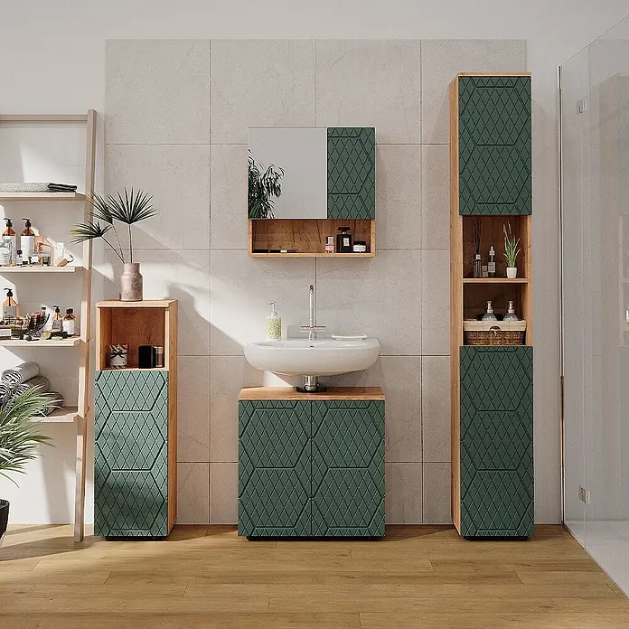 Vicco Badmöbel-Set Irma Grün/Goldkraft Eiche 4 Teile, mit Hochschrank - Gesamtbreite Badmöbel: 120 cm, Grün, Matt - Moderne Badezimmermöbelgarnitur mit grünen Rautenmustern und hellen Holzrahmen, bestehend aus Waschtisch, Hochschrank und Spiegelschrank.