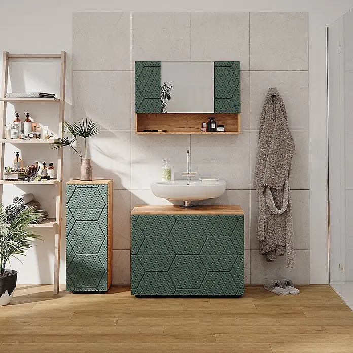 Vicco Badmöbel-Set Irma Grün 3 Teile, mit Schubladenschrank und Midischrank - Gesamtbreite Badmöbel: 110 cm, Grün, Matt - Dunkelgrüner Bad-Waschtischunterschrank und passender Hochschrank mit geometrischem Rautenmuster und Holzdetails.
