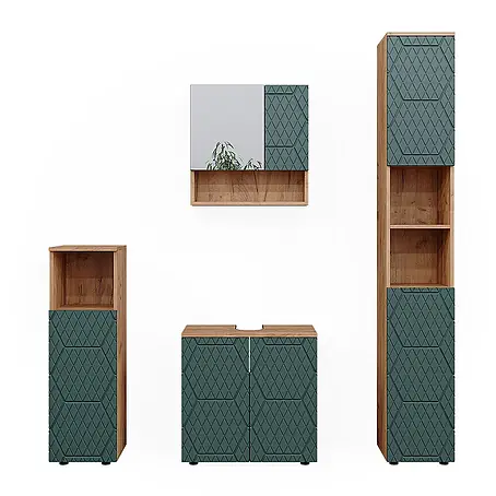 Vicco  Badmöbel-Set Irma Grün/Goldkraft Eiche 4 Teile, mit Hochschrank