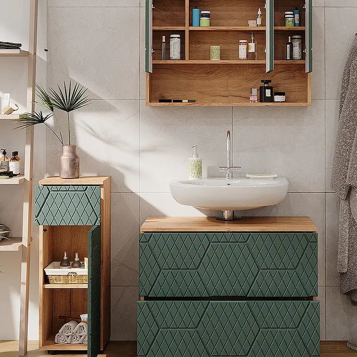 Vicco Badmöbel-Set Irma Grün 3 Teile, mit Schubladenschrank und Midischrank - Gesamtbreite Badmöbel: 110 cm, Grün, Matt - Badezimmermöbel-Set mit Waschtischunterschrank und hohem Schrank, Holzrahmen und dunkelgrüne Fronten mit geometrischem Muster.