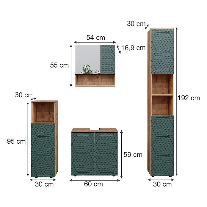 Vicco Badmöbel-Set Irma Grün/Goldkraft Eiche 4 Teile, mit Hochschrank - Gesamtbreite Badmöbel: 120 cm, Grün, Matt - Badezimmermöbel-Set aus Holzoptik und dunkelgrünen, gemusterten Fronten, inkl. Spiegelschrank, Waschtischunterschrank und Hochschränken.