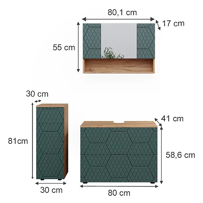 Vicco Badmöbel-Set Irma Grün 3 Teile, mit Schubladenschrank und Midischrank - Gesamtbreite Badmöbel: 110 cm, Grün, Matt - Dunkelgrünes Badmöbel-Set mit geometrischem Muster und Holzdetails, inkl. Spiegelschrank, Hochschrank und Waschtischunterschrank.