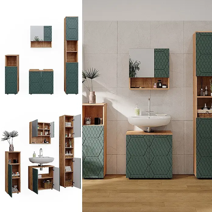 Vicco Badmöbel-Set Irma Grün/Goldkraft Eiche 4 Teile, mit Hochschrank - Gesamtbreite Badmöbel: 120 cm, Grün, Matt - Badezimmermöbel-Set mit dunkelgrünen gemusterten Türen und hellen Holzrahmen, bestehend aus Schränken, Spiegelschrank und Waschtisch.