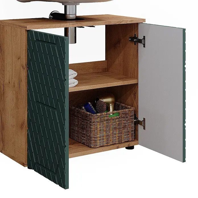 Vicco Badmöbel-Set Irma Grün/Goldkraft Eiche 4 Teile, mit Hochschrank - Gesamtbreite Badmöbel: 120 cm, Grün, Matt - Waschtischunterschrank in Eichenoptik mit dunkelgrünen strukturierten und hellgrauen Türen, mit Regal, Weidenkorb, Handtüchern und Föhn.