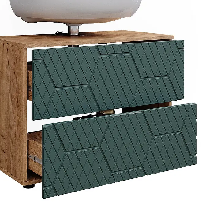 Vicco Badmöbel-Set Irma Grün 3 Teile, mit Schubladenschrank und Midischrank - Gesamtbreite Badmöbel: 110 cm, Grün, Matt - Waschtischunterschrank aus Holz mit zwei halb geöffneten, dunkelgrünen Schubladen mit geometrischem Muster. Weißes Waschbecken darüber.