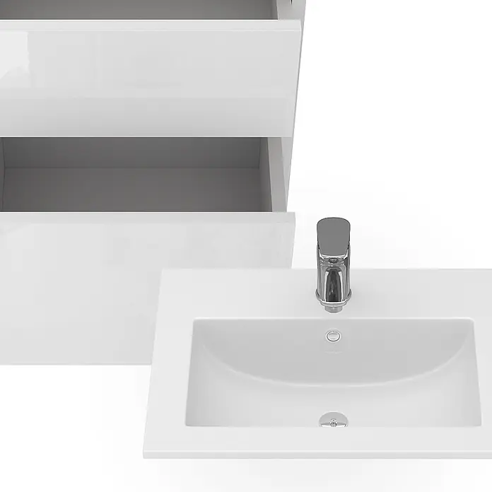 Vicco Badmöbel-Set Detmold Weiß Hochglanz 2 Teile, mit Waschbecken und 2 Schubladen - Gesamtbreite Badmöbel: 48 cm, Weiß Hochglanz, Glänzend - Weißer Badezimmerschrank mit offenen Schubladen, integriertem weißem Waschbecken und Chromarmatur.