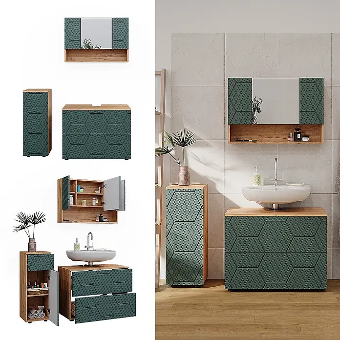 Vicco Badmöbel-Set Irma Grün 3 Teile, mit Schubladenschrank und Midischrank - Gesamtbreite Badmöbel: 110 cm, Grün, Matt - Modernes Badmöbel-Set: Holzoptik mit dunkelgrünen Fronten und geometrischem Muster, bestehend aus Waschtischunterschrank, Spiegelschrank und Hochschrank.