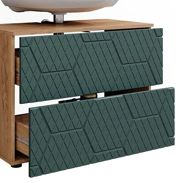 Vicco Badmöbel-Set Irma Grün 3 Teile, mit Schubladenschrank und Hochschrank - Gesamtbreite Badmöbel: 110 cm, Grün, Matt - Waschtischunterschrank aus Holz mit zwei dunkelgrünen, gemusterten Auszugsschubladen, eine teilweise geöffnet. Weißes Waschbecken oben sichtbar.