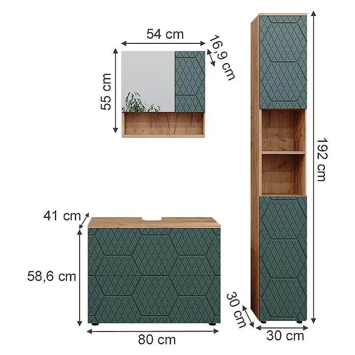 Vicco Badmöbel-Set Irma Grün 3 Teile, mit Schubladenschrank und Hochschrank - Gesamtbreite Badmöbel: 110 cm, Grün, Matt - Badmöbelset mit Holzoptik und dunkelgrünen gemusterten Fronten, bestehend aus Spiegelschrank, Waschtischunterschrank und Hochschrank.