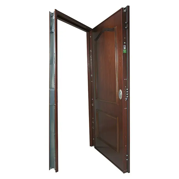 SegureStil Puerta de entrada interior S105 Serie V - 90 x 206 cm, Derecha, Sapelly, Acorazada - Puerta de madera abierta con marco. La puerta es marrón y tiene dos paneles. El marco es de metal y tiene un color plateado.