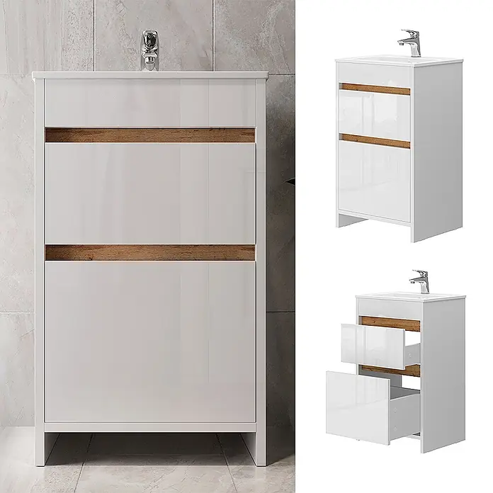 Vicco Badmöbel-Set Detmold Weiß Hochglanz 2 Teile, mit Waschbecken und 2 Schubladen - Gesamtbreite Badmöbel: 48 cm, Weiß Hochglanz, Glänzend - Weißer Hochglanz-Waschtischunterschrank mit integriertem Waschbecken und Holzgriffen, geschlossen und mit offenen Schubladen.