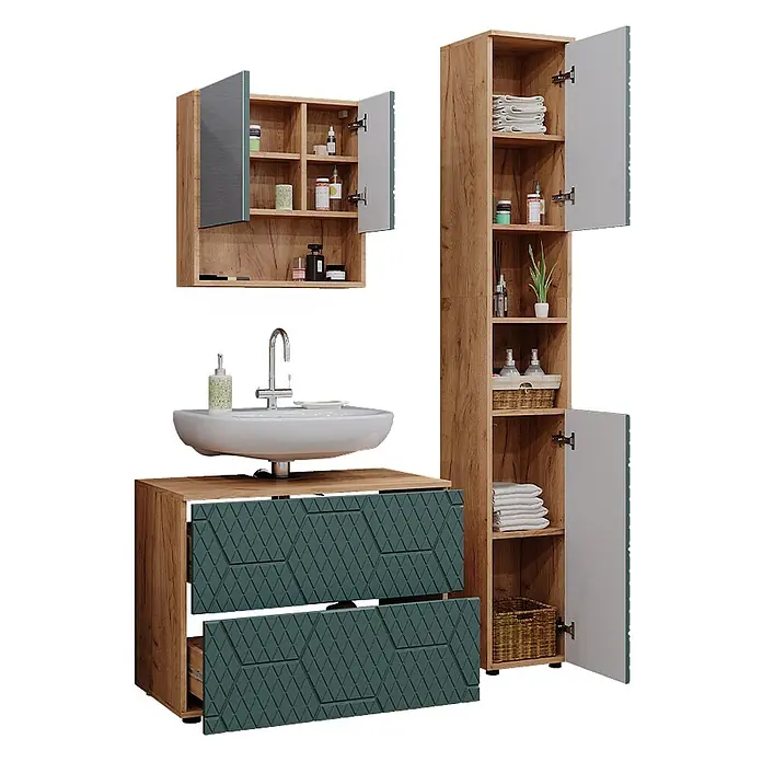 Vicco Badmöbel-Set Irma Grün 3 Teile, mit Schubladenschrank und Hochschrank - Gesamtbreite Badmöbel: 110 cm, Grün, Matt - Badezimmerset Holzoptik, teal gemusterte Schubladen, weißes Waschbecken, Spiegelschrank, hoher Schrank mit grauen Türen.