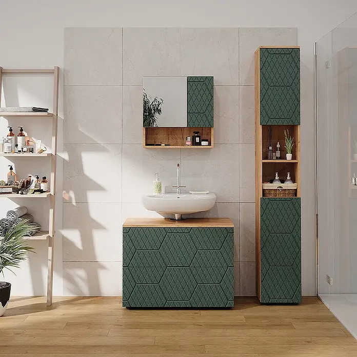 Vicco Badmöbel-Set Irma Grün 3 Teile, mit Schubladenschrank und Hochschrank - Gesamtbreite Badmöbel: 110 cm, Grün, Matt - Modernes Badmöbel-Set in Dunkelgrün mit geometrischer Textur und Holz-Akzenten: Waschtischunterschrank, Hochschrank und Spiegelschrank.