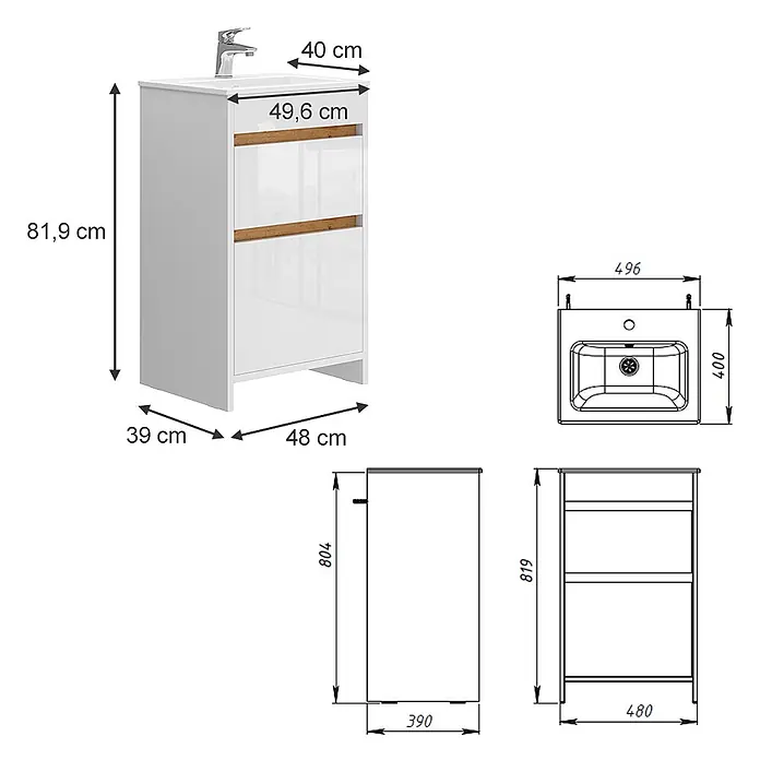 Vicco Badmöbel-Set Detmold Weiß Hochglanz 2 Teile, mit Waschbecken und 2 Schubladen - Gesamtbreite Badmöbel: 48 cm, Weiß Hochglanz, Glänzend - Weißer Badezimmer-Waschtischunterschrank mit integriertem Waschbecken, Armatur und Holz-Effekt-Akzenten. Technische Maße sind ebenfalls abgebildet.