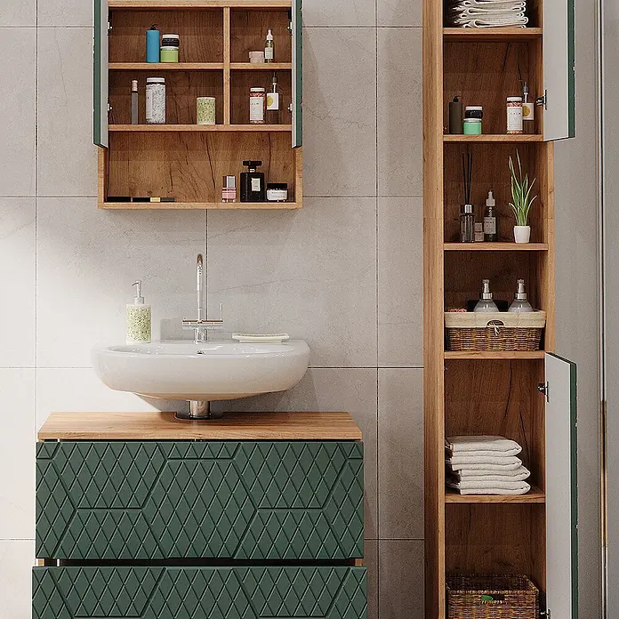 Vicco Badmöbel-Set Irma Grün 3 Teile, mit Schubladenschrank und Hochschrank - Gesamtbreite Badmöbel: 110 cm, Grün, Matt - Modernes Badezimmerinterieur mit weißem Waschbecken auf einem grün gemusterten Waschtisch und zwei offenen Holzschränken voller Pflegeprodukte.