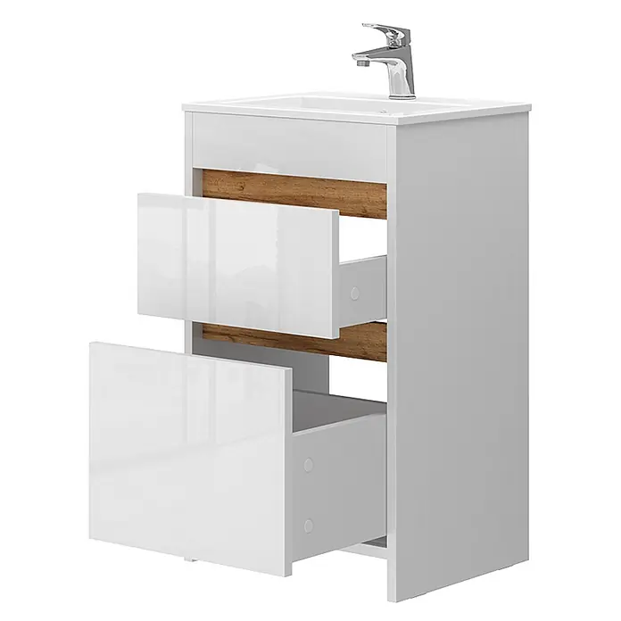 Vicco Badmöbel-Set Detmold Weiß Hochglanz 2 Teile, mit Waschbecken und 2 Schubladen - Gesamtbreite Badmöbel: 48 cm, Weiß Hochglanz, Glänzend - Weiß glänzender Badunterschrank mit integriertem Waschbecken und Chromarmatur, zwei offene Schubladen mit Holzdekor.