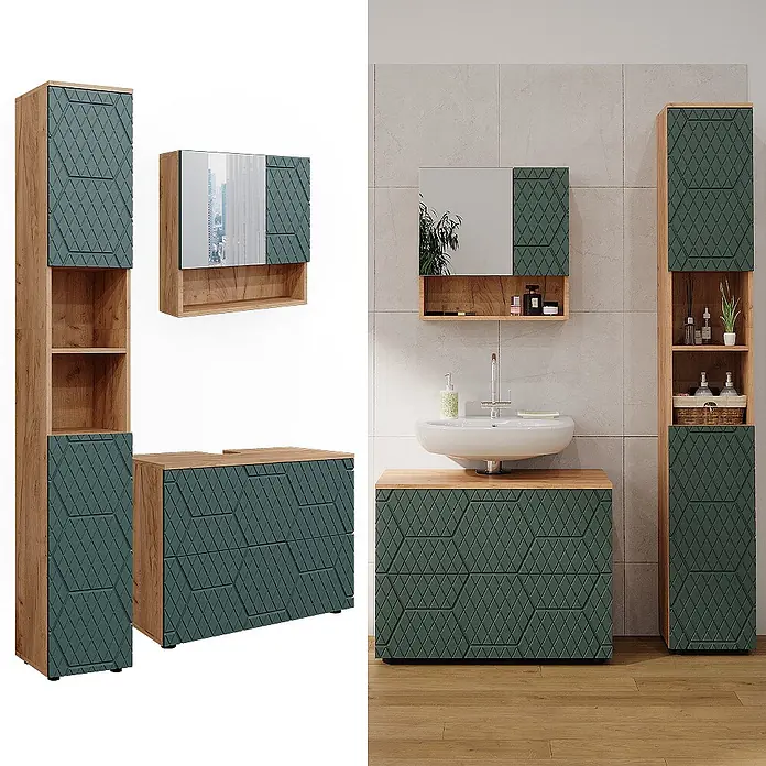 Vicco Badmöbel-Set Irma Grün 3 Teile, mit Schubladenschrank und Hochschrank - Gesamtbreite Badmöbel: 110 cm, Grün, Matt - Badezimmermöbel-Set: Holzoptik, dunkelgrüne Rautenmuster-Fronten. Hochschrank, Waschtisch, Spiegelschrank.