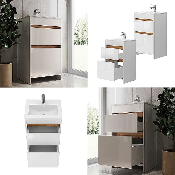 Vicco Badmöbel-Set Detmold Weiß Hochglanz 2 Teile, mit Waschbecken und 2 Schubladen - Gesamtbreite Badmöbel: 48 cm, Weiß Hochglanz, Glänzend - Weißer glänzender Waschtischunterschrank mit integriertem Waschbecken und Holzschubladenakzenten. Mit mehreren Schubladen.