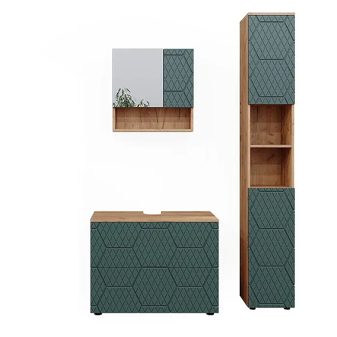 Vicco Badmöbel-Set Irma Grün 3 Teile, mit Schubladenschrank und Hochschrank - Gesamtbreite Badmöbel: 110 cm, Grün, Matt - Badmöbelset in Dunkeltürkis mit geometrischen Fronten und Holzelementen, bestehend aus Waschtischunterschrank, Spiegelschrank und Hochschrank.