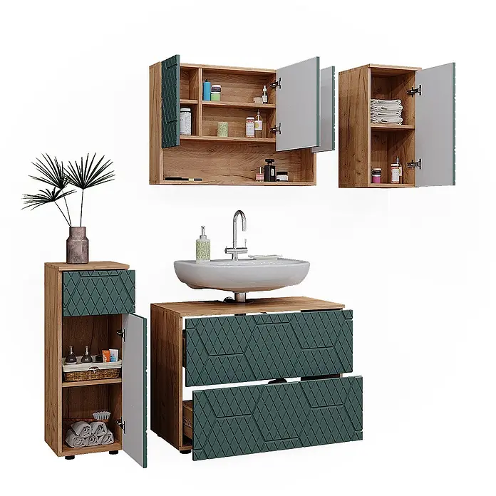 Vicco Badmöbel-Set Irma Grün/Goldkraft Eiche 4 Teile - Gesamtbreite Badmöbel: 110 cm, Grün, Matt - Badezimmermöbel-Set aus Holz mit dunkelgrünen, strukturierten Fronten, bestehend aus Waschtischunterschrank, Hochschrank und Wandschränken.