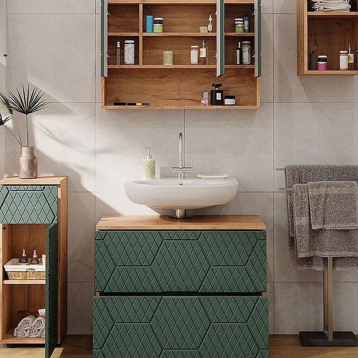 Vicco Badmöbel-Set Irma Grün/Goldkraft Eiche 4 Teile - Gesamtbreite Badmöbel: 110 cm, Grün, Matt - Grüne Badmöbel mit Rautenmuster, Holzplatte und passendem Beistellschrank für Stauraum im Bad.