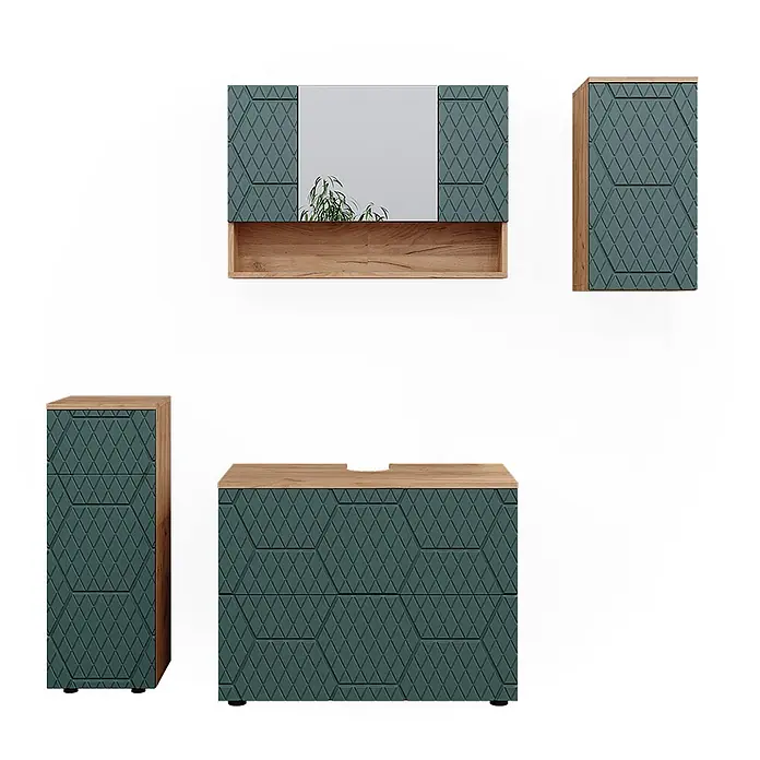 Vicco Badmöbel-Set Irma Grün/Goldkraft Eiche 4 Teile - Gesamtbreite Badmöbel: 110 cm, Grün, Matt - Modernes Badezimmermöbel-Set in Dunkeltürkis mit Rautenmusterfronten und hellen Holzdetails, inklusive Spiegelschrank, Waschtisch und Schränken.