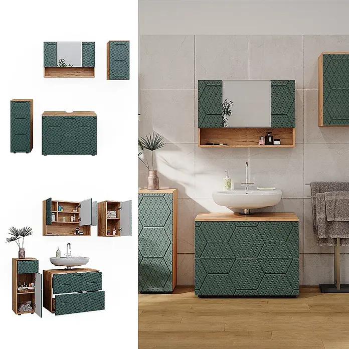 Vicco Badmöbel-Set Irma Grün/Goldkraft Eiche 4 Teile - Gesamtbreite Badmöbel: 110 cm, Grün, Matt - Badezimmermöbel-Set mit dunkelgrünen, geometrisch gemusterten Fronten und hellen Holzrahmen, bestehend aus Waschtisch, Hochschrank und Spiegelschrank.