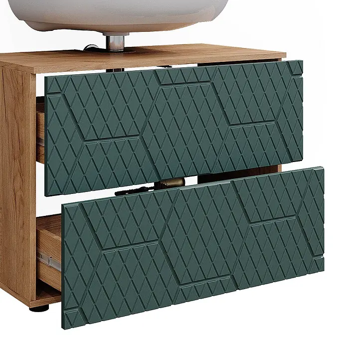 Vicco Badmöbel-Set Irma Grün/Goldkraft Eiche 4 Teile - Gesamtbreite Badmöbel: 110 cm, Grün, Matt - Hölzerner Badezimmer-Waschtisch mit weißem Waschbecken und zwei teils geöffneten, dunkelpetrolfarbenen Schubladen mit Rautenmuster.