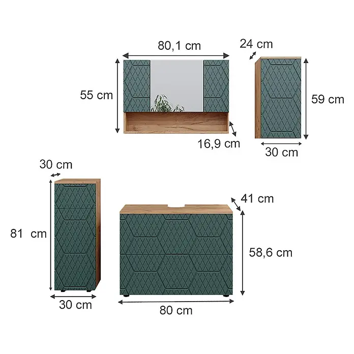 Vicco Badmöbel-Set Irma Grün/Goldkraft Eiche 4 Teile - Gesamtbreite Badmöbel: 110 cm, Grün, Matt - Dunkelgrünes Schrank-Set mit geometrischem Muster und hellen Holzelementen, inklusive Spiegel- und Waschtischmodulen.