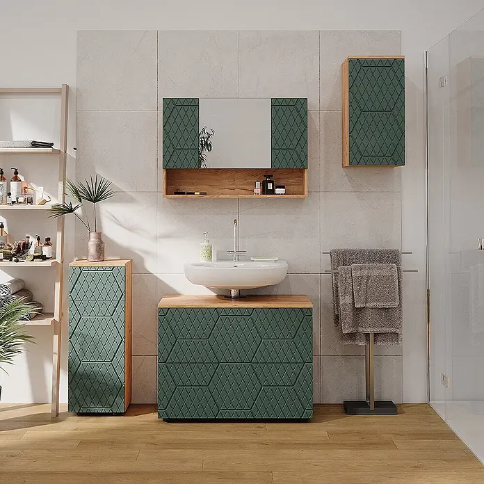Vicco Badmöbel-Set Irma Grün/Goldkraft Eiche 4 Teile - Gesamtbreite Badmöbel: 110 cm, Grün, Matt - Modernes Badmöbel-Set: Dunkelgrüne Schränke mit geometrischem Muster und Holzapplikationen, darunter Waschtisch-, Hoch- und Wandschrank.