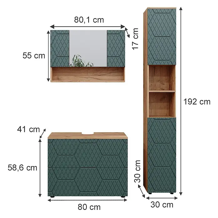 Vicco Badmöbel-Set Irma Grün/Goldkraft Eiche 3 Teile, mit Spiegelschrank 80 cm - Gesamtbreite Badmöbel: 80 cm, Grün, Matt - Badezimmermöbel-Set in Dunkeltürkis mit geometrischem Muster und Holzapplikationen, bestehend aus Spiegelschrank, Waschtisch und Hochschrank.