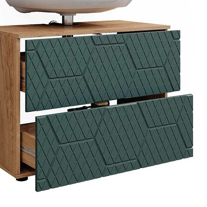 Vicco Badmöbel-Set Irma Grün/Goldkraft Eiche 3 Teile, mit Spiegelschrank 80 cm - Gesamtbreite Badmöbel: 80 cm, Grün, Matt - Waschtischunterschrank aus Holz mit zwei offenen dunkelgrünen Schubladen mit geometrischem Rautenmuster, darüber ein weißes Waschbecken.