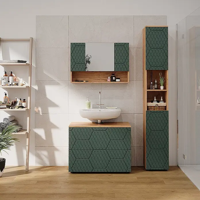 Vicco Badmöbel-Set Irma Grün/Goldkraft Eiche 3 Teile, mit Spiegelschrank 80 cm - Gesamtbreite Badmöbel: 80 cm, Grün, Matt - Dunkelgrüne Badmöbel mit geometrischem Muster und Holzdetails.