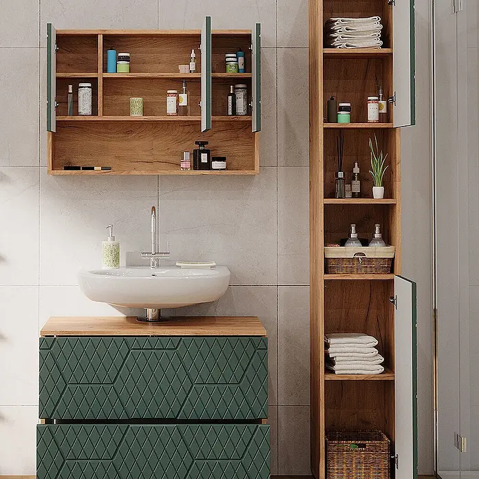 Vicco Badmöbel-Set Irma Grün/Goldkraft Eiche 3 Teile, mit Spiegelschrank 80 cm - Gesamtbreite Badmöbel: 80 cm, Grün, Matt - Badezimmerschrank-Set aus Holz mit Spülbecken, grün gemusterter Waschtisch und hohem Stauraumschrank.