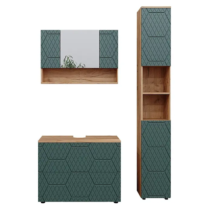 Vicco Badmöbel-Set Irma Grün/Goldkraft Eiche 3 Teile, mit Spiegelschrank 80 cm - Gesamtbreite Badmöbel: 80 cm, Grün, Matt - Dreiteiliges Badezimmermöbelset in Dunkeltürkis mit geometrischen Rautenmustern und hellen Holzdetails, bestehend aus Spiegelschrank, Hochschrank und Waschtischunterschrank.