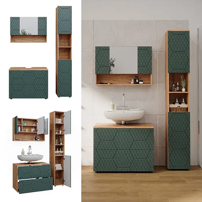 Vicco Badmöbel-Set Irma Grün/Goldkraft Eiche 3 Teile, mit Spiegelschrank 80 cm - Gesamtbreite Badmöbel: 80 cm, Grün, Matt - Modernes Badmöbelset mit dunkelgrünen, geometrisch gemusterten Fronten und hellen Holzapplikationen, bestehend aus Waschtischunterschrank, Spiegelschrank und Hochschrank.
