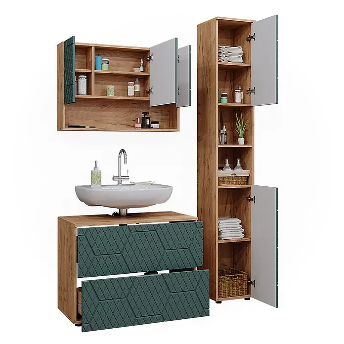 Vicco Badmöbel-Set Irma Grün/Goldkraft Eiche 3 Teile, mit Spiegelschrank 80 cm - Gesamtbreite Badmöbel: 80 cm, Grün, Matt - Badmöbelset in Holzoptik mit dunkelgrünen, strukturierten Fronten: Hängeschrank, Waschtisch mit Waschbecken und Hochschrank.